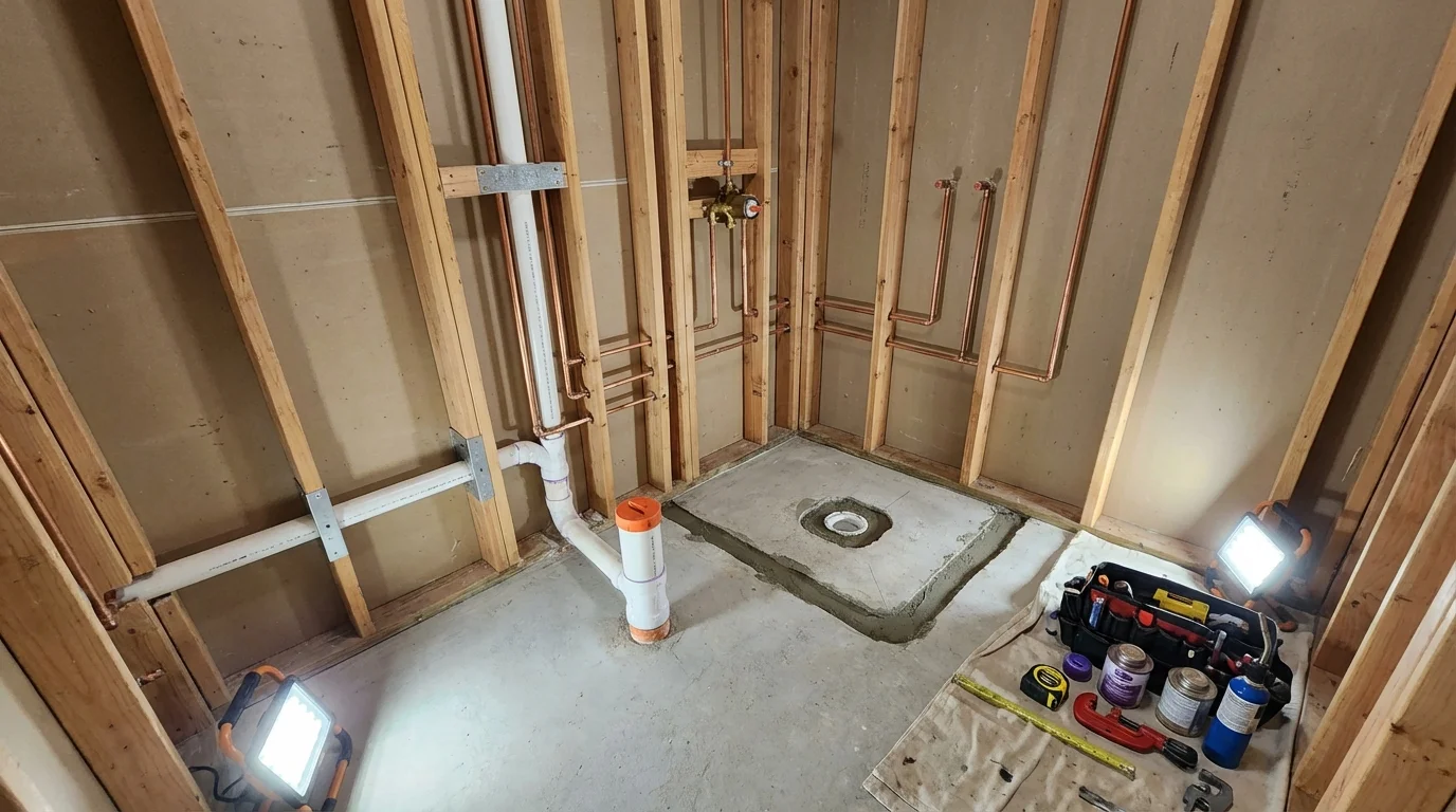 Bathroom rough-in plumbing during remodel by Johns Plumbing LLC in Molalla