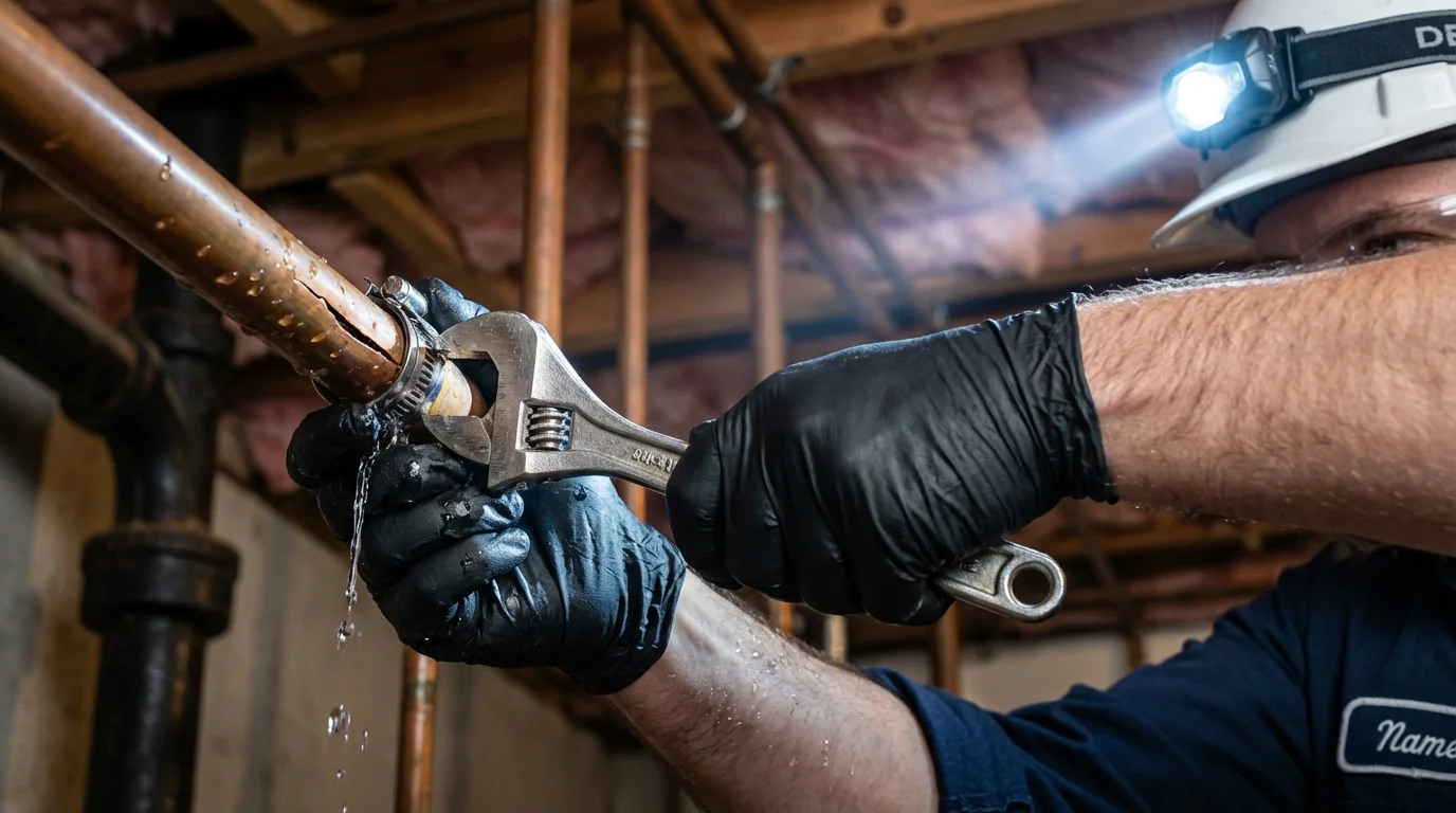 Emergency pipe clamp repair being performed by a Johns Plumbing LLC plumber in Molalla