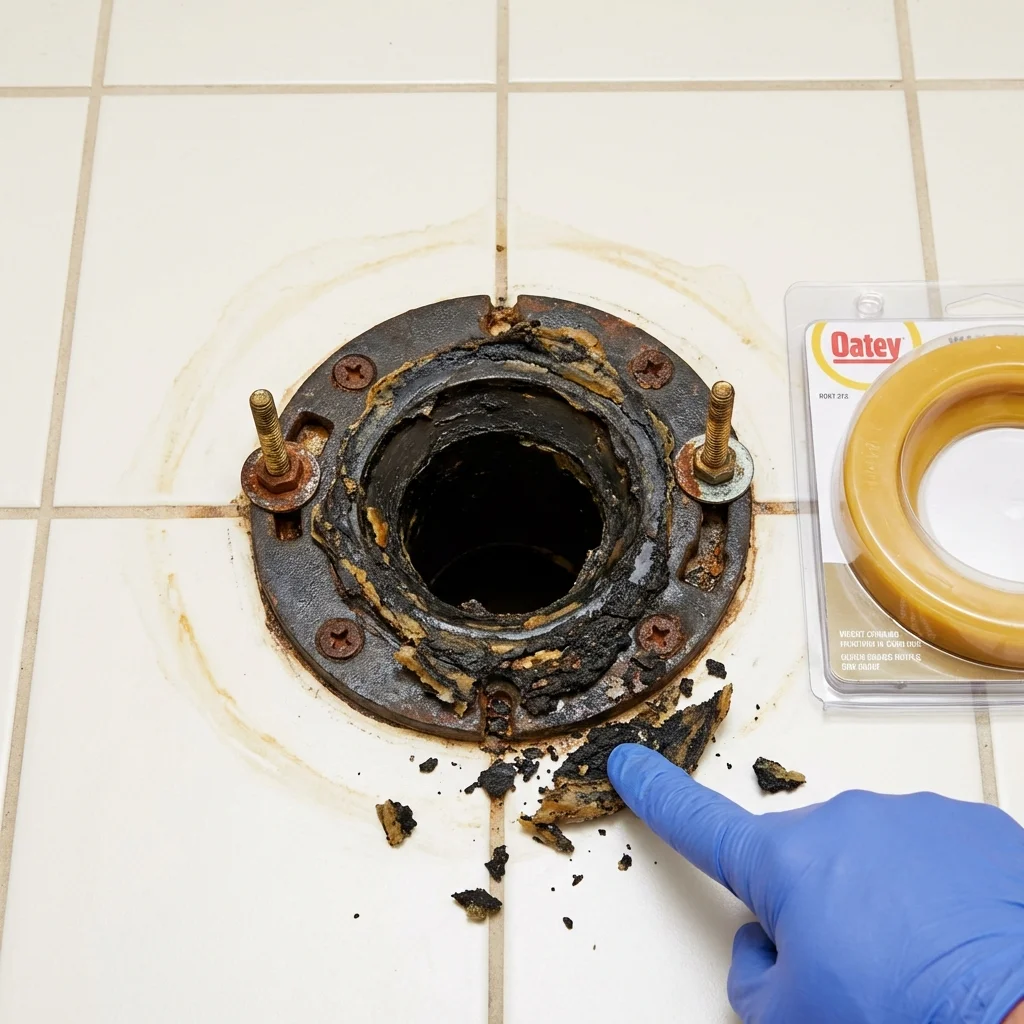 Failed wax ring showing water seepage at the base of a toilet in a Molalla, OR home