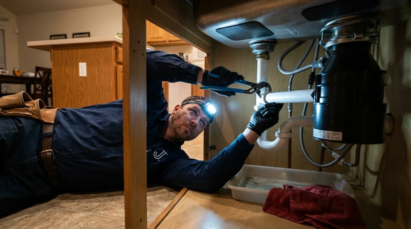 P-trap and supply line connections under a kitchen sink showing a common leak point in Molalla, OR
